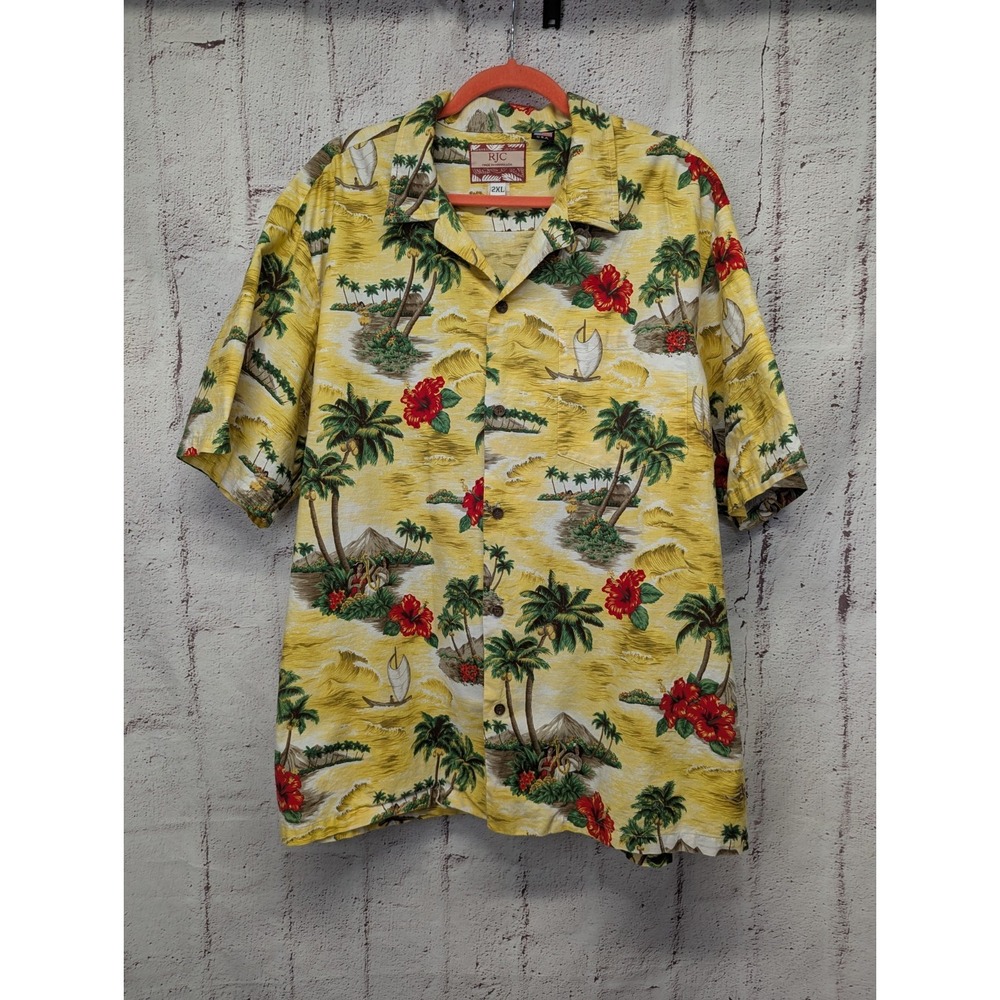 Vintage RJC Mens Hawaiian Button Up Shirt 2XL Yellow Tropical Beach Palm Tree US